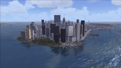 Le Sud de Manhattan  New York (notez les rflexions dans l'eau)